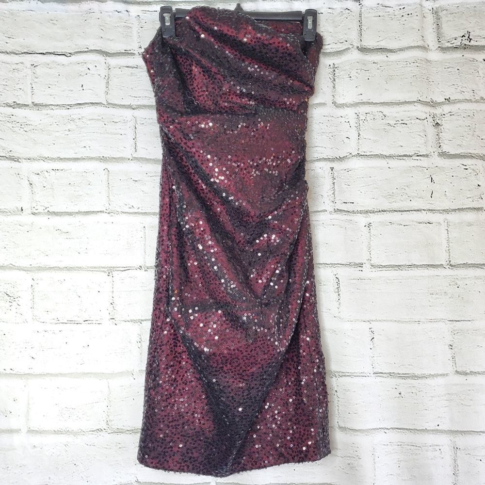 David Meister Cocktail Dress sequin strapless short Womens Size 4 black maroon
